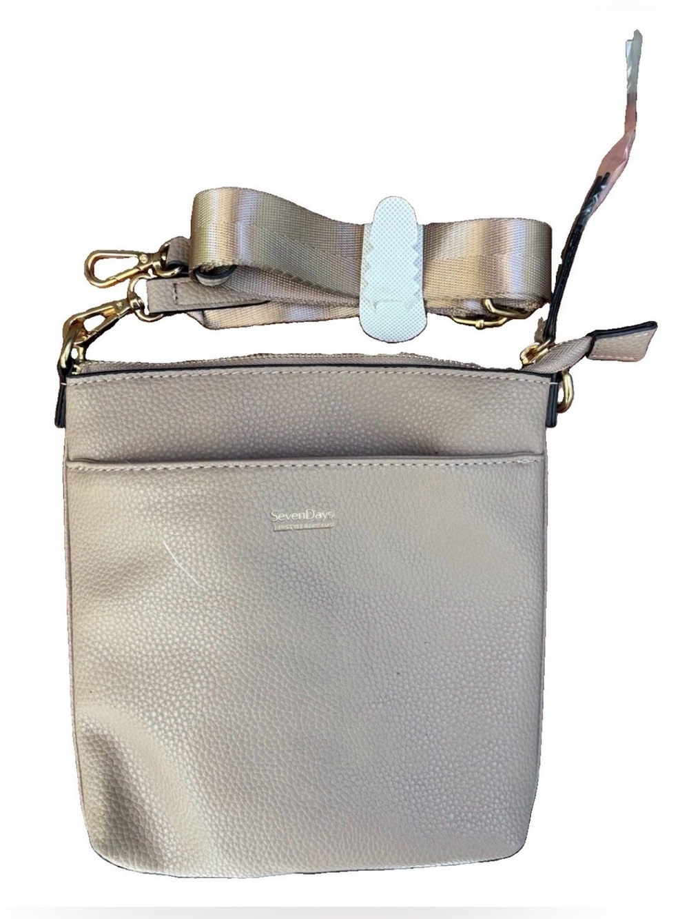 SevenDays Beige Pebbled Crossbody Bag, Zip Closure, Detachable Strap, Gold